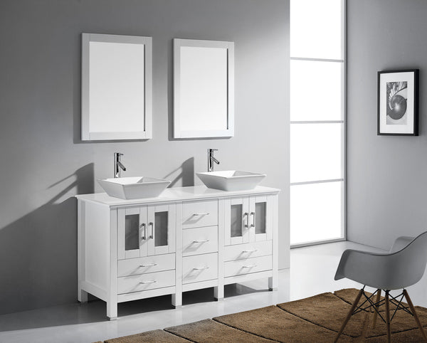 Virtu USA Bradford 60" Double Bath Vanity in White with White Engineered Stone Top and Square Sinks with Matching Mirror - Luxe Bathroom Vanities