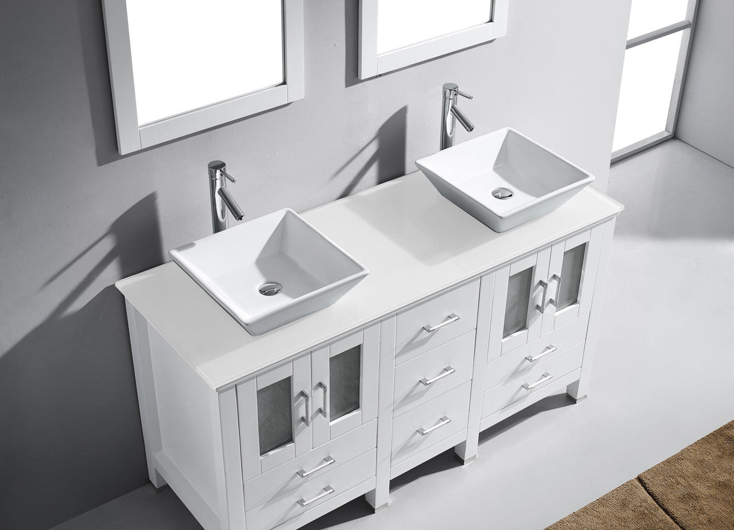 Virtu USA Bradford 60" Double Bath Vanity in White with White Engineered Stone Top and Square Sinks with Matching Mirror - Luxe Bathroom Vanities