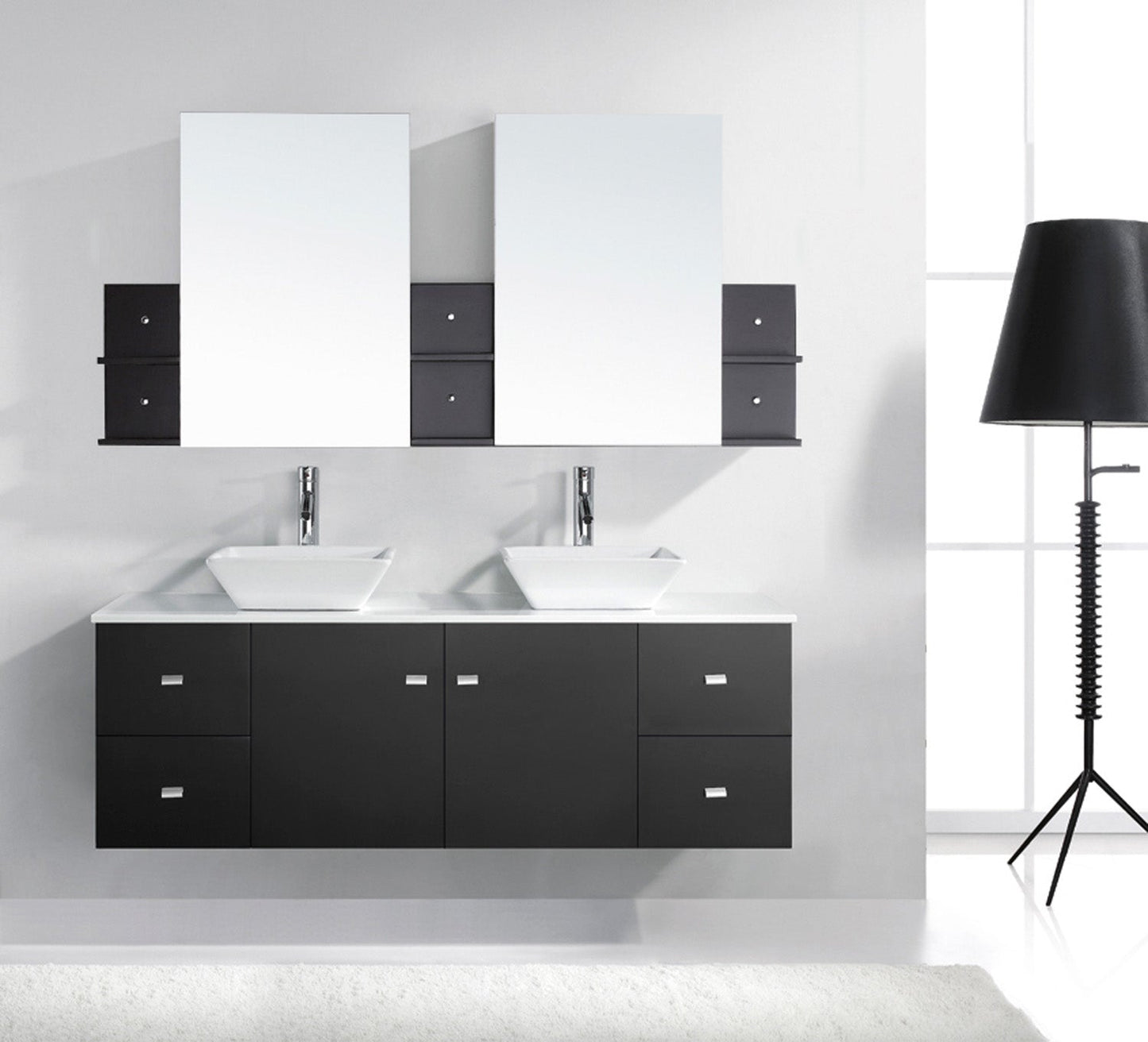 Virtu USA Clarissa 61" Double Bath Vanity with White Engineered Stone Top and Square Sink with Polished Chrome Faucet and Mirrors - Luxe Bathroom Vanities