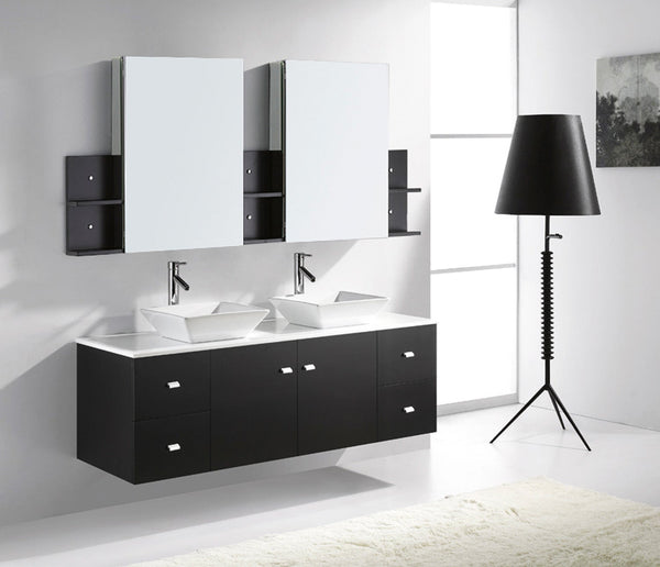 Virtu USA Clarissa 61" Double Bath Vanity with White Engineered Stone Top and Square Sink with Polished Chrome Faucet and Mirrors - Luxe Bathroom Vanities