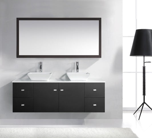 Virtu USA Clarissa 61" Double Bath Vanity with White Engineered Stone Top and Square Sinks with Brushed Nickel Faucets with Matching Mirror - Luxe Bathroom Vanities