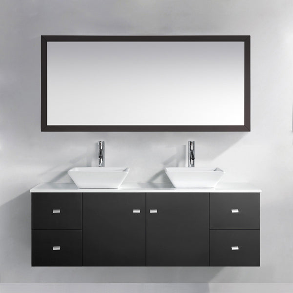 Virtu USA Clarissa 61" Double Bath Vanity with White Engineered Stone Top and Square Sinks with Brushed Nickel Faucets with Matching Mirror - Luxe Bathroom Vanities