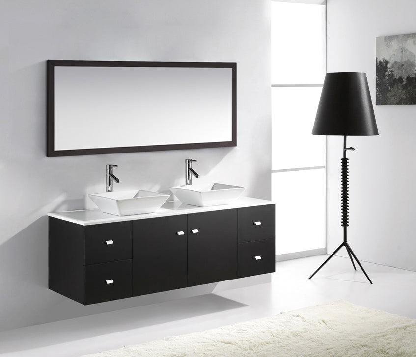 Virtu USA Clarissa 61" Double Bath Vanity with White Engineered Stone Top and Square Sinks with Brushed Nickel Faucets with Matching Mirror - Luxe Bathroom Vanities