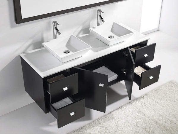 Virtu USA Clarissa 61" Double Bath Vanity with White Engineered Stone Top and Square Sinks with Brushed Nickel Faucets with Matching Mirror - Luxe Bathroom Vanities