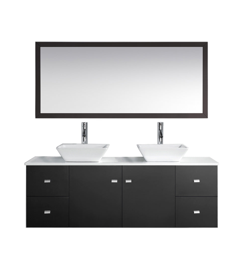 Virtu USA Clarissa 61" Double Bath Vanity with White Engineered Stone Top and Square Sinks with Brushed Nickel Faucets with Matching Mirror - Luxe Bathroom Vanities