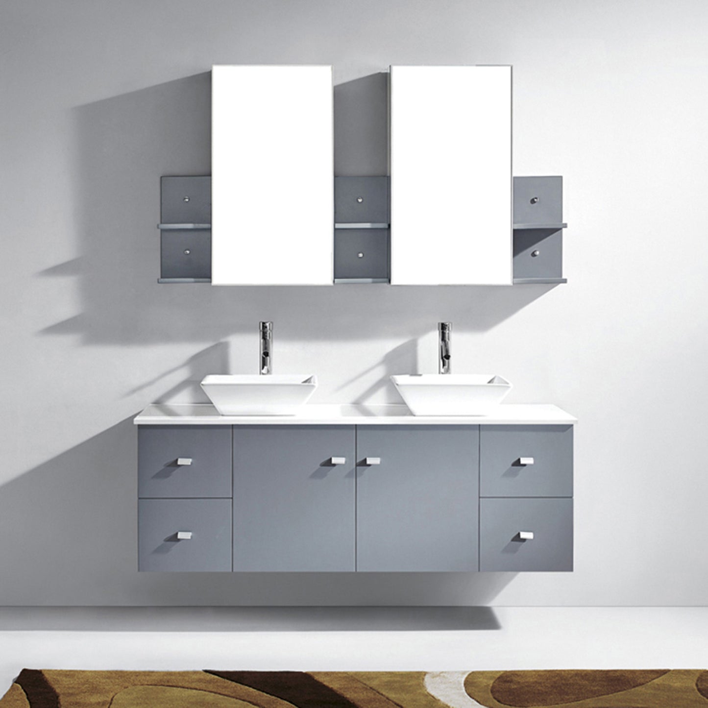 Virtu USA Clarissa 61" Double Bath Vanity in Grey with White Engineered Stone Top and Square Sink with Polished Chrome Faucet and Mirrors - Luxe Bathroom Vanities Luxury Bathroom Fixtures Bathroom Furniture