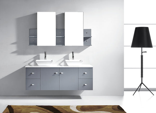 Virtu USA Clarissa 61" Double Bath Vanity in Grey with White Engineered Stone Top and Square Sink with Polished Chrome Faucet and Mirrors - Luxe Bathroom Vanities Luxury Bathroom Fixtures Bathroom Furniture