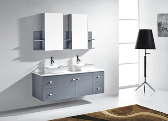 Virtu USA Clarissa 61" Double Bath Vanity in Grey with White Engineered Stone Top and Square Sink with Polished Chrome Faucet and Mirrors - Luxe Bathroom Vanities Luxury Bathroom Fixtures Bathroom Furniture