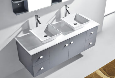 Virtu USA Clarissa 61" Double Bath Vanity in Grey with White Engineered Stone Top and Square Sink with Polished Chrome Faucet and Mirrors - Luxe Bathroom Vanities Luxury Bathroom Fixtures Bathroom Furniture