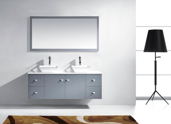 Virtu USA Clarissa 61" Double Bath Vanity with White Engineered Stone Top and Square Sinks with Brushed Nickel Faucets with Matching Mirror - Luxe Bathroom Vanities