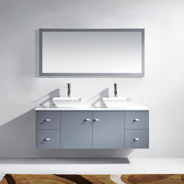 Virtu USA Clarissa 61" Double Bath Vanity with White Engineered Stone Top and Square Sinks with Brushed Nickel Faucets with Matching Mirror - Luxe Bathroom Vanities