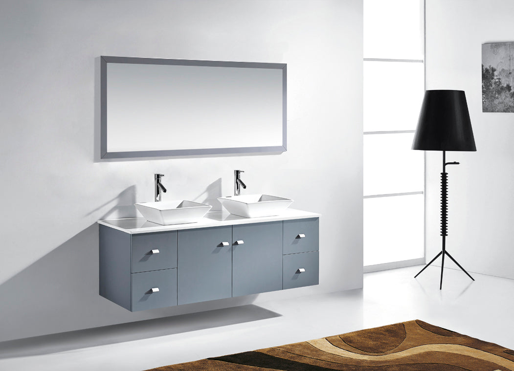 Virtu USA Clarissa 61" Double Bath Vanity with White Engineered Stone Top and Square Sinks with Brushed Nickel Faucets with Matching Mirror - Luxe Bathroom Vanities