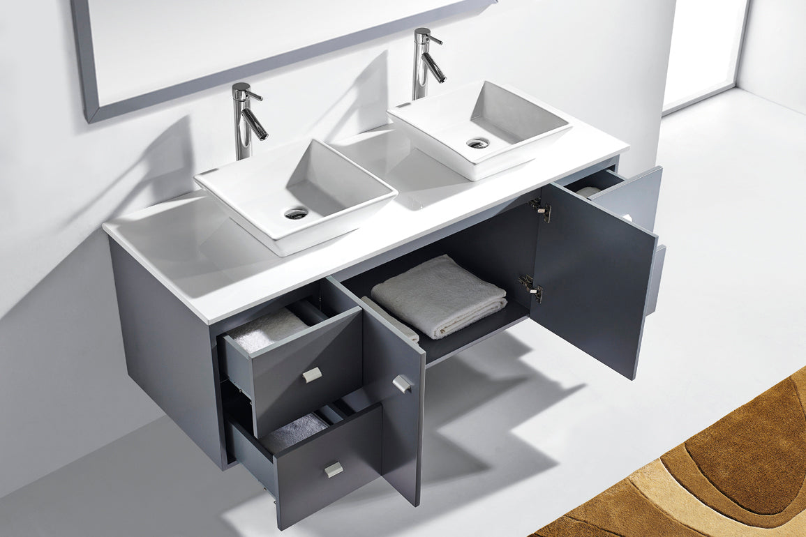 Virtu USA Clarissa 61" Double Bath Vanity with White Engineered Stone Top and Square Sinks with Brushed Nickel Faucets with Matching Mirror - Luxe Bathroom Vanities