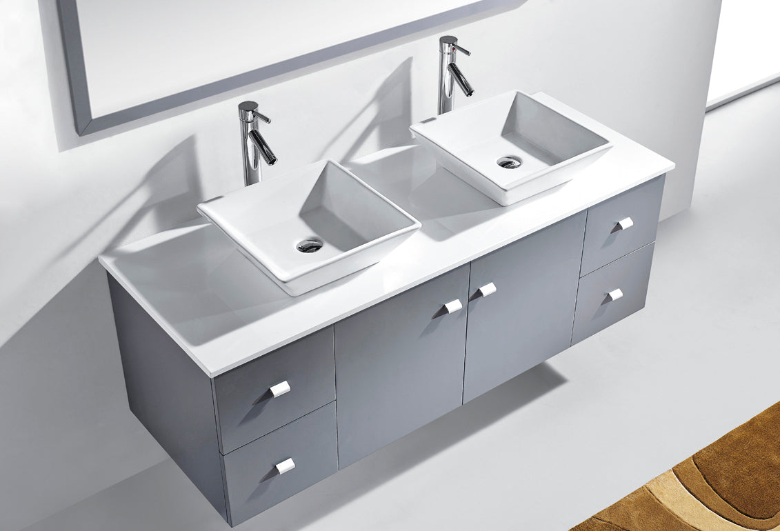 Virtu USA Clarissa 61" Double Bath Vanity with White Engineered Stone Top and Square Sinks with Brushed Nickel Faucets with Matching Mirror - Luxe Bathroom Vanities