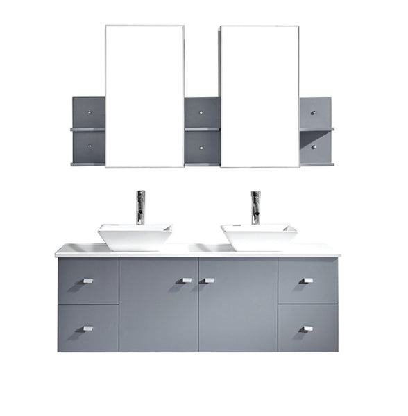 Virtu USA Clarissa 61" Double Bath Vanity in Grey with White Engineered Stone Top and Square Sink with Polished Chrome Faucet and Mirrors - Luxe Bathroom Vanities Luxury Bathroom Fixtures Bathroom Furniture