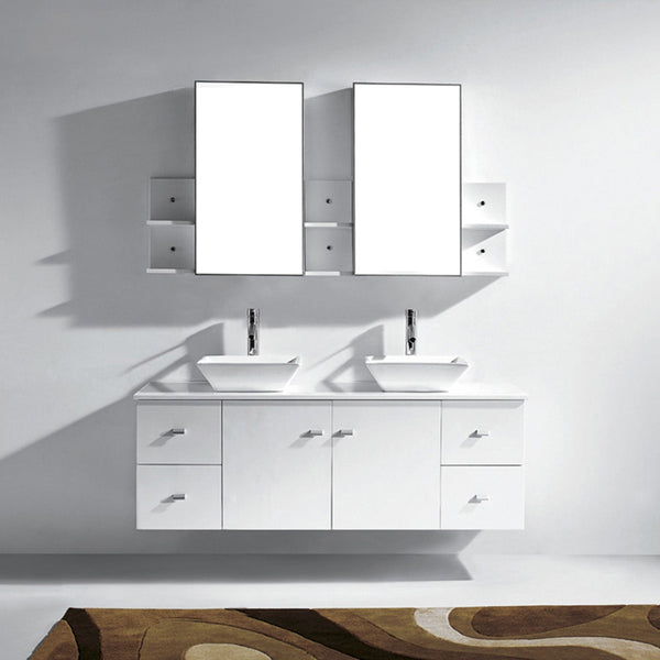 Virtu USA Clarissa 61" Double Bath Vanity with White Engineered Stone Top and Square Sink with Polished Chrome Faucet and Mirrors - Luxe Bathroom Vanities