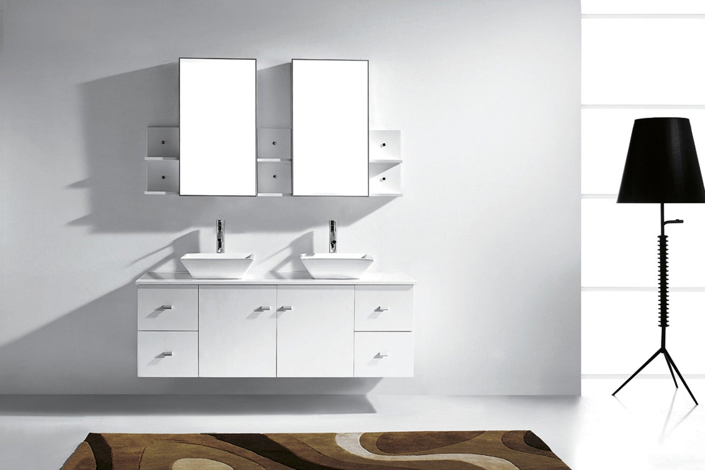 Virtu USA Clarissa 61" Double Bath Vanity with White Engineered Stone Top and Square Sink with Polished Chrome Faucet and Mirrors - Luxe Bathroom Vanities