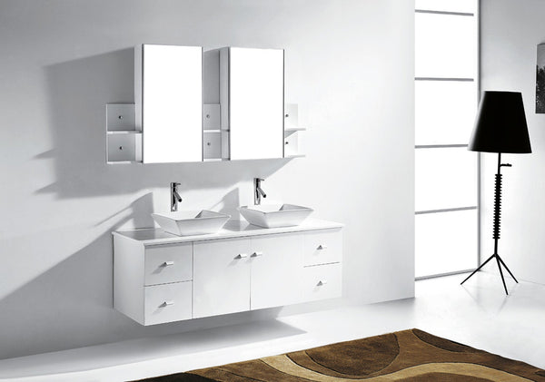 Virtu USA Clarissa 61" Double Bath Vanity with White Engineered Stone Top and Square Sink with Polished Chrome Faucet and Mirrors - Luxe Bathroom Vanities