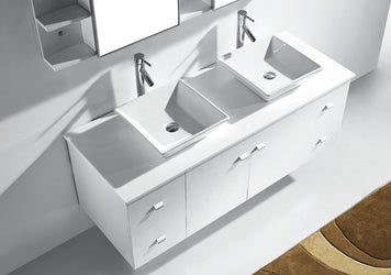 Virtu USA Clarissa 61" Double Bath Vanity with White Engineered Stone Top and Square Sink with Polished Chrome Faucet and Mirrors - Luxe Bathroom Vanities