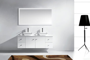 Virtu USA Clarissa 61" Double Bath Vanity with White Engineered Stone Top and Square Sinks with Brushed Nickel Faucets with Matching Mirror - Luxe Bathroom Vanities