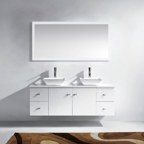 Virtu USA Clarissa 61" Double Bath Vanity with White Engineered Stone Top and Square Sinks with Brushed Nickel Faucets with Matching Mirror - Luxe Bathroom Vanities