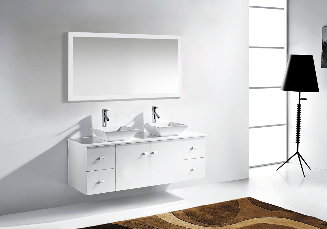 Virtu USA Clarissa 61" Double Bath Vanity with White Engineered Stone Top and Square Sinks with Brushed Nickel Faucets with Matching Mirror - Luxe Bathroom Vanities