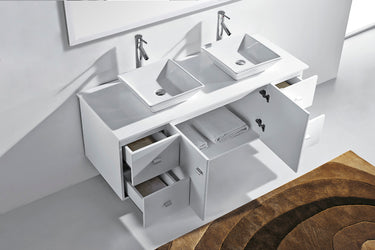 Virtu USA Clarissa 61" Double Bath Vanity with White Engineered Stone Top and Square Sinks with Brushed Nickel Faucets with Matching Mirror - Luxe Bathroom Vanities