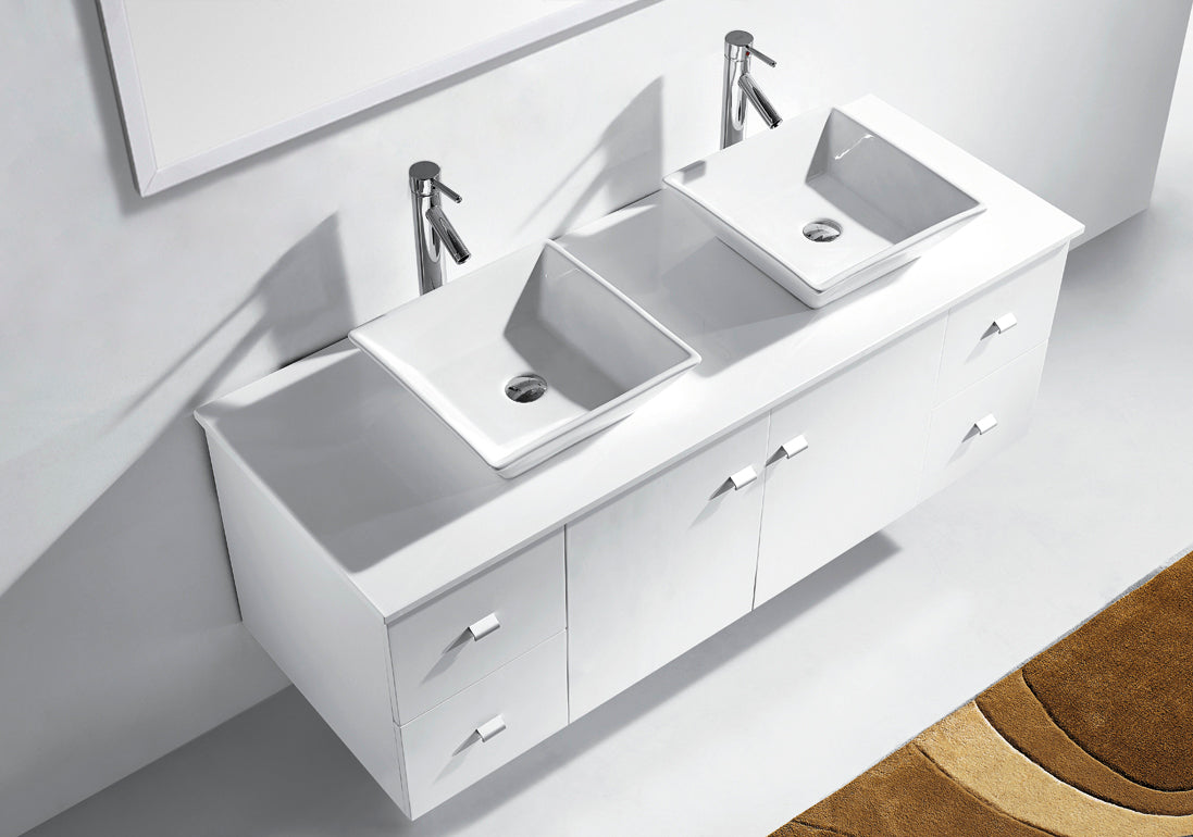 Virtu USA Clarissa 61" Double Bath Vanity with White Engineered Stone Top and Square Sinks with Brushed Nickel Faucets with Matching Mirror - Luxe Bathroom Vanities