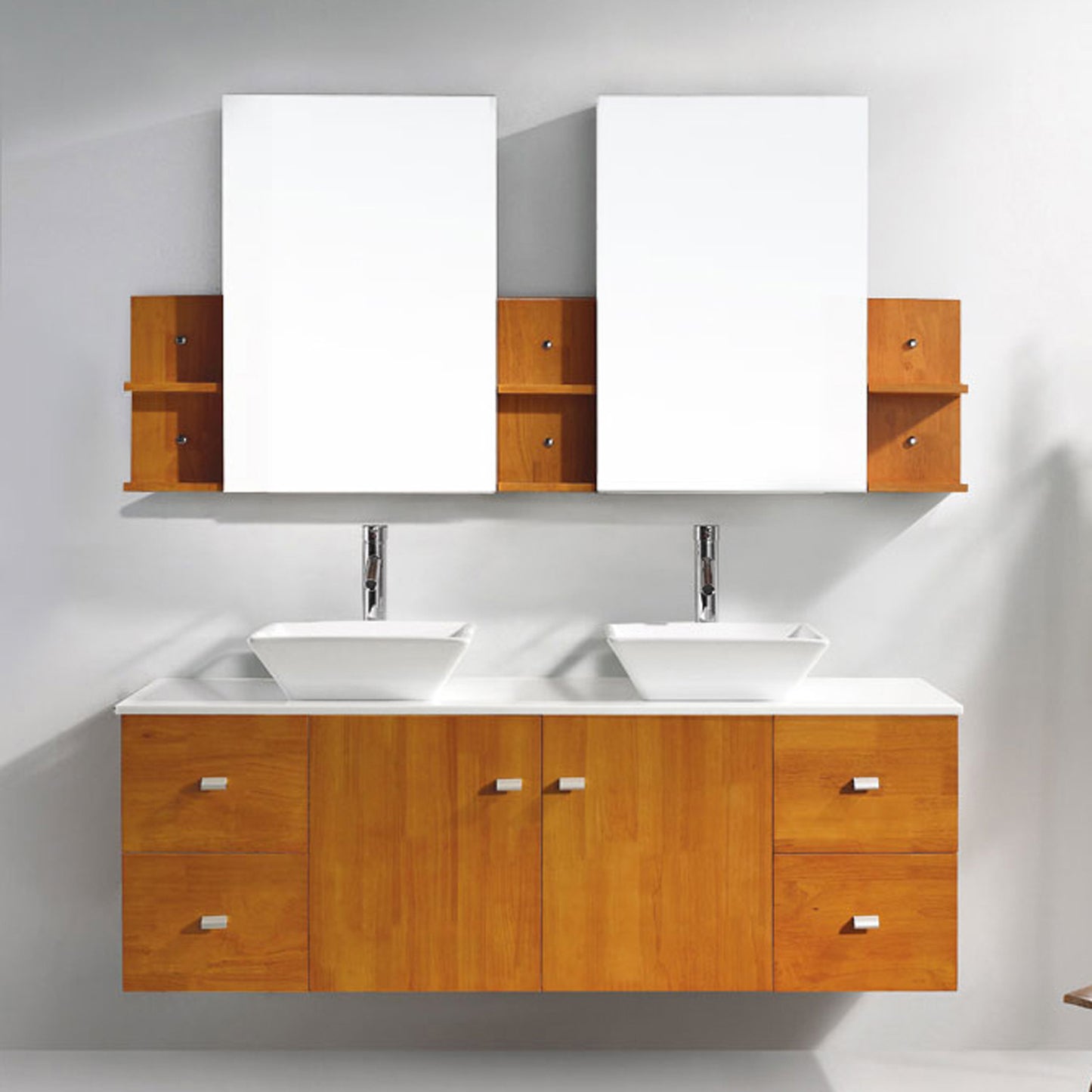 Virtu USA Clarissa 61" Double Bath Vanity in Honey Oak with White Engineered Stone Top and Square Sink with Polished Chrome Faucet and Mirrors - Luxe Bathroom Vanities Luxury Bathroom Fixtures Bathroom Furniture