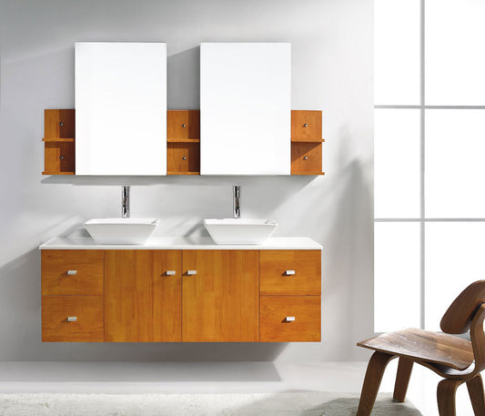 Virtu USA Clarissa 61" Double Bath Vanity in Honey Oak with White Engineered Stone Top and Square Sink with Polished Chrome Faucet and Mirrors - Luxe Bathroom Vanities Luxury Bathroom Fixtures Bathroom Furniture
