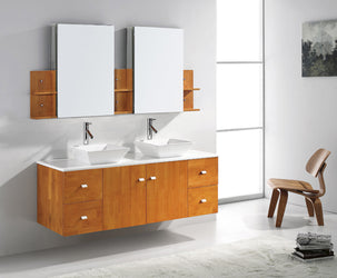 Virtu USA Clarissa 61" Double Bath Vanity in Honey Oak with White Engineered Stone Top and Square Sink with Polished Chrome Faucet and Mirrors - Luxe Bathroom Vanities Luxury Bathroom Fixtures Bathroom Furniture