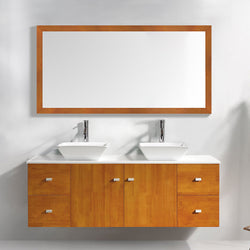 Virtu USA Clarissa 61" Double Bath Vanity in Honey Oak with White Engineered Stone Top and Square Sinks with Brushed Nickel Faucets with Matching Mirror - Luxe Bathroom Vanities
