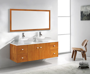 Virtu USA Clarissa 61" Double Bath Vanity in Honey Oak with White Engineered Stone Top and Square Sinks with Brushed Nickel Faucets with Matching Mirror - Luxe Bathroom Vanities