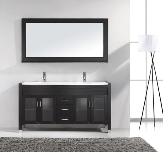 Virtu USA Ava 63" Double Bath Vanity in Espresso with White Engineered Stone Top and Round Sink with Brushed Nickel Faucet and Mirror - Luxe Bathroom Vanities Luxury Bathroom Fixtures Bathroom Furniture