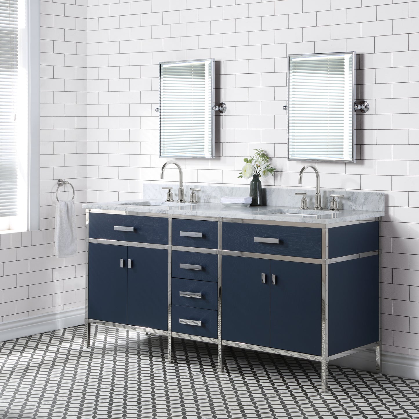 Water Creation Marquis 72" Inch Double Sink Carrara White Marble Countertop Vanity in Monarch Blue - Luxe Bathroom Vanities