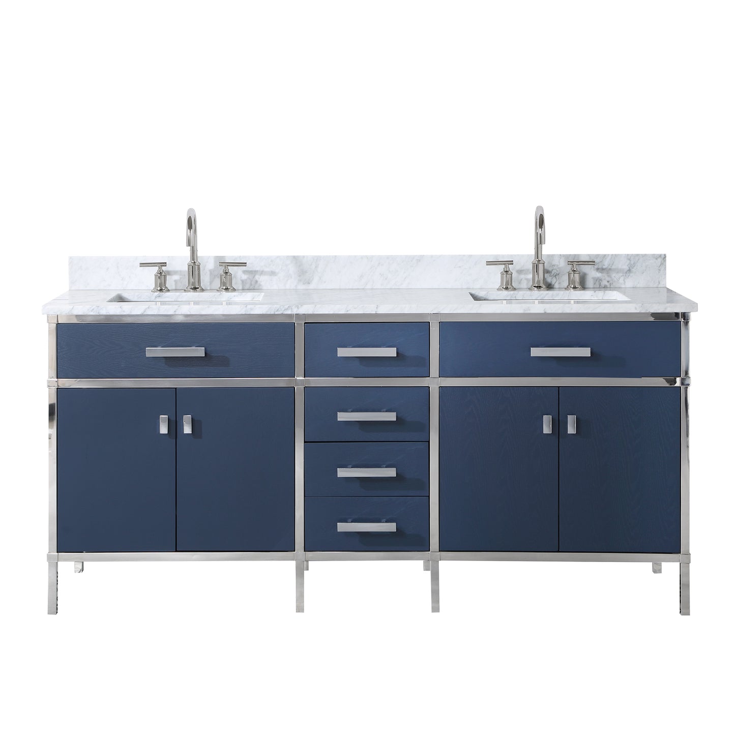 Water Creation Marquis 72" Inch Double Sink Carrara White Marble Countertop Vanity in Monarch Blue with Hook Faucets - Luxe Bathroom Vanities