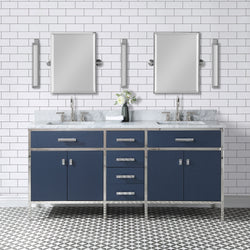 Water Creation Marquis 72" Inch Double Sink Carrara White Marble Countertop Vanity in Monarch Blue with Hook Faucets - Luxe Bathroom Vanities