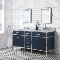 Water Creation Marquis 72" Inch Double Sink Carrara White Marble Countertop Vanity in Monarch Blue with Hook Faucets - Luxe Bathroom Vanities