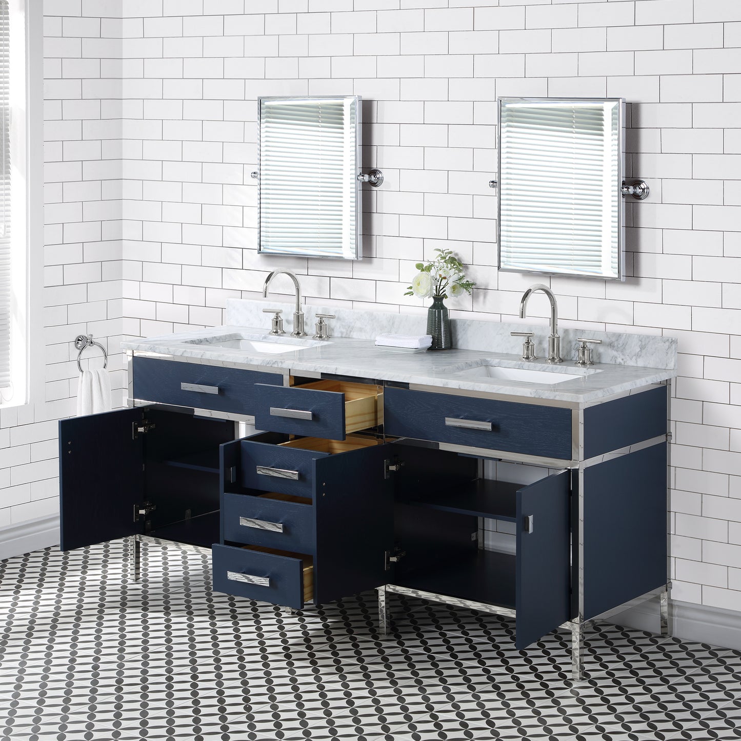 Water Creation Marquis 72" Inch Double Sink Carrara White Marble Countertop Vanity in Monarch Blue with Hook Faucets - Luxe Bathroom Vanities