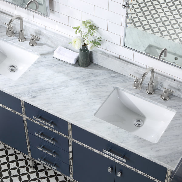 Water Creation Marquis 72" Inch Double Sink Carrara White Marble Countertop Vanity in Monarch Blue with Hook Faucets - Luxe Bathroom Vanities