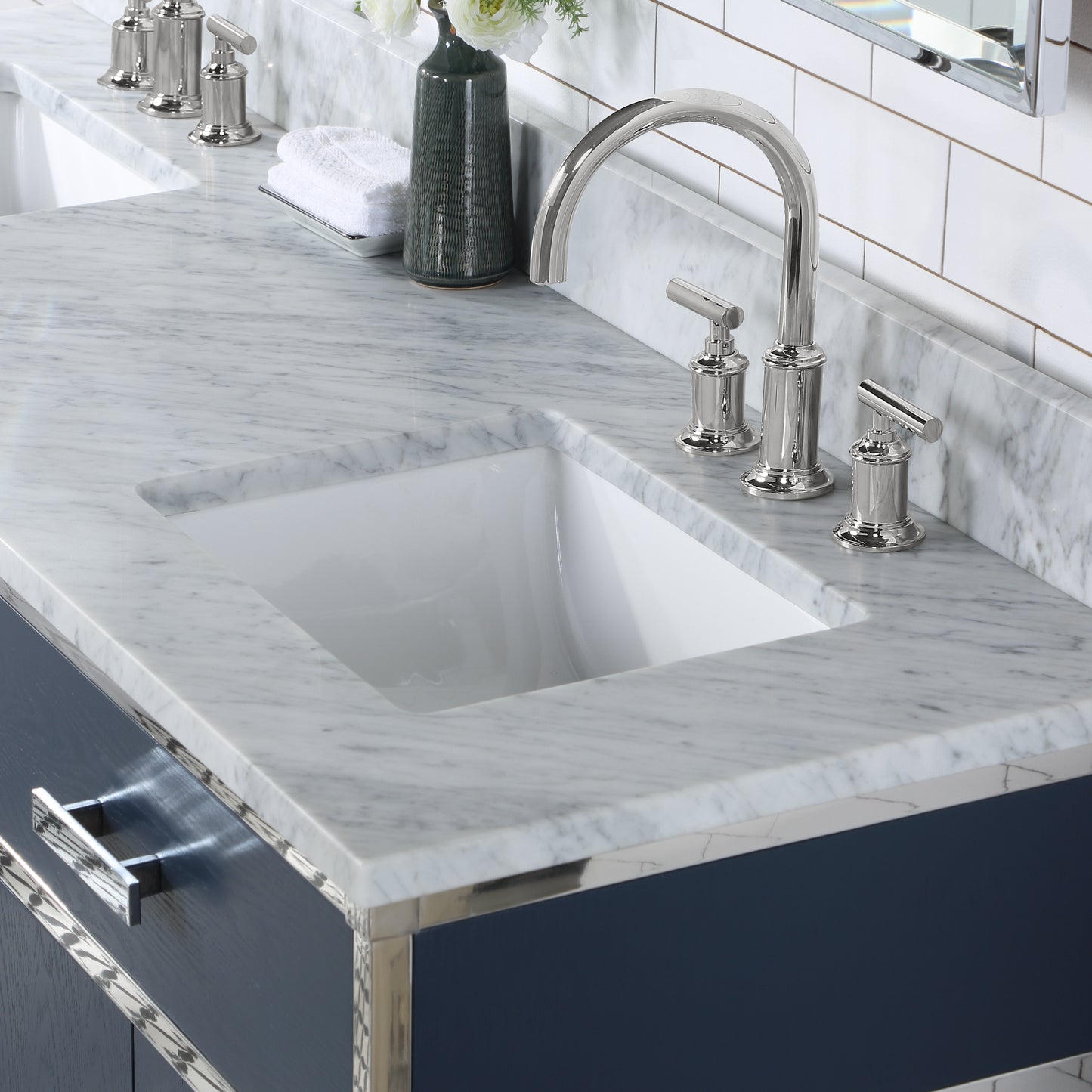 Water Creation Marquis 72" Inch Double Sink Carrara White Marble Countertop Vanity in Monarch Blue with Hook Faucets - Luxe Bathroom Vanities