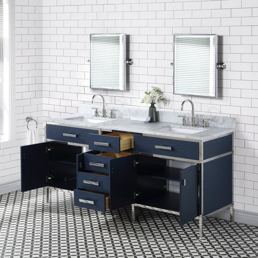 Water Creation Marquis 72" Inch Double Sink Carrara White Marble Countertop Vanity in Monarch Blue with Hook Faucets and Mirrors - Luxe Bathroom Vanities