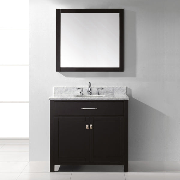 Virtu USA Caroline 36" Single Bath Vanity with White Marble Top and Round Sink with Brushed Nickel Faucet with Matching Mirror - Luxe Bathroom Vanities