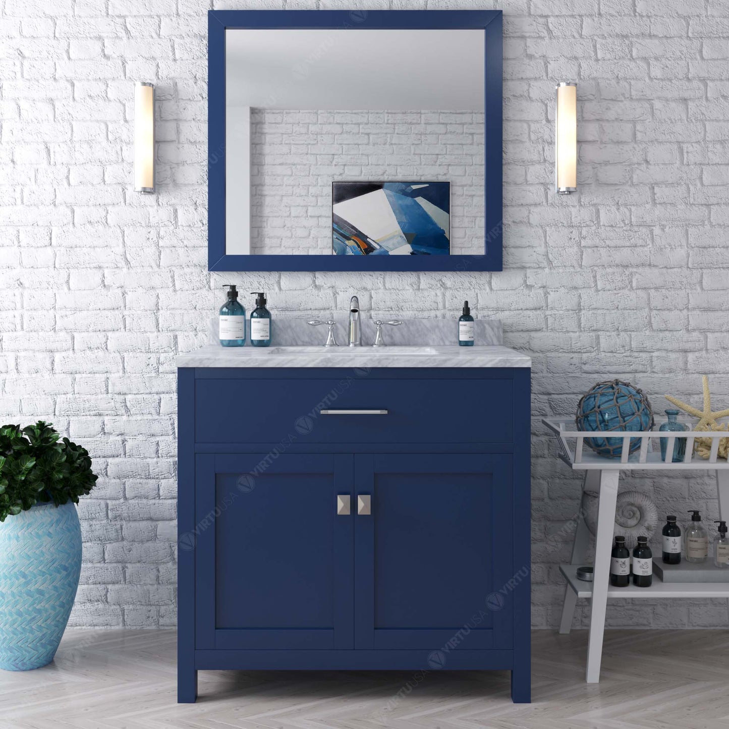 Virtu USA Caroline 36" Single Bath Vanity with White Marble Top and Round Sink with Brushed Nickel Faucet with Matching Mirror - Luxe Bathroom Vanities