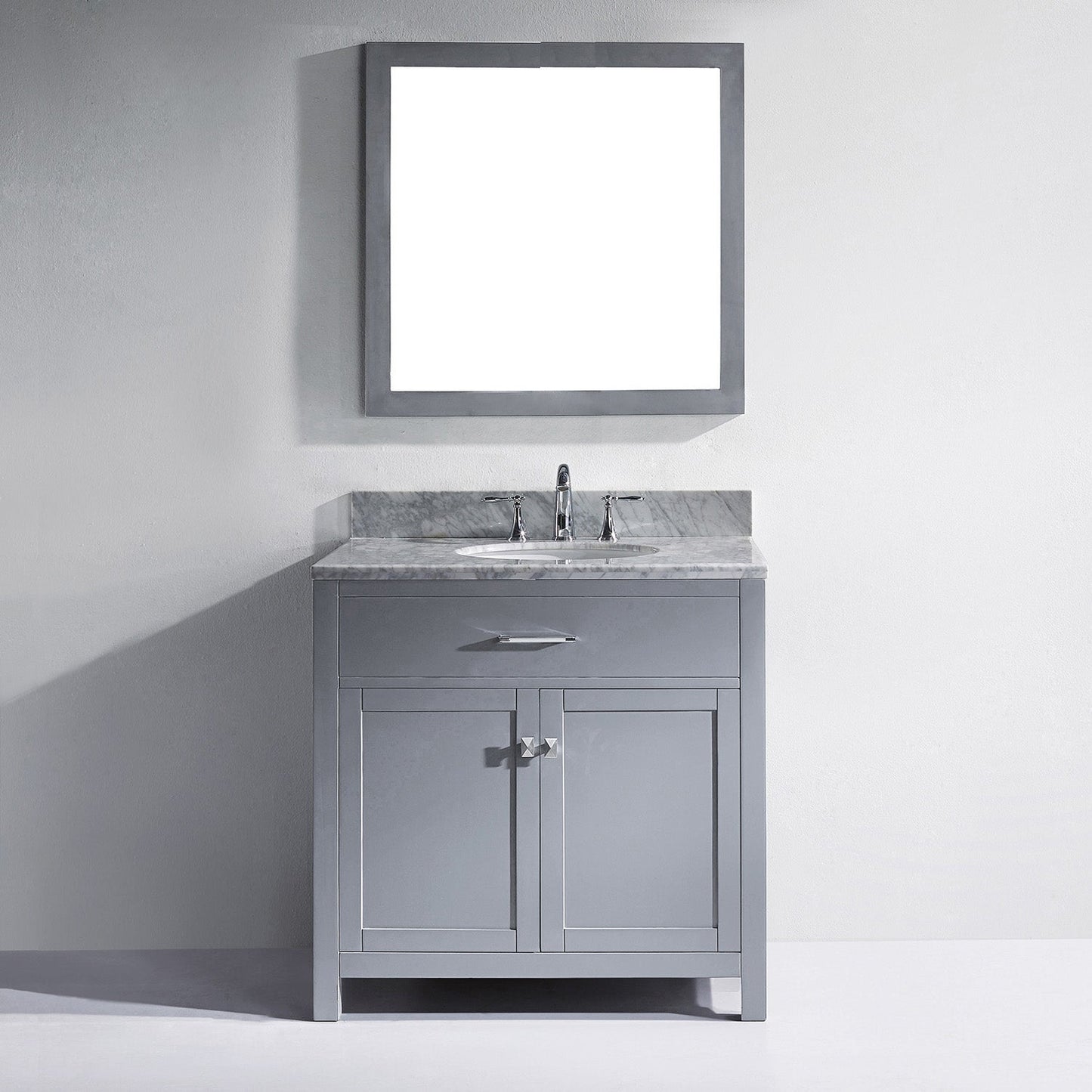 Virtu USA Caroline 36" Single Bath Vanity with White Marble Top and Round Sink with Brushed Nickel Faucet with Matching Mirror - Luxe Bathroom Vanities