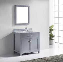 Virtu USA Caroline 36" Single Bath Vanity with White Marble Top and Round Sink with Brushed Nickel Faucet with Matching Mirror - Luxe Bathroom Vanities