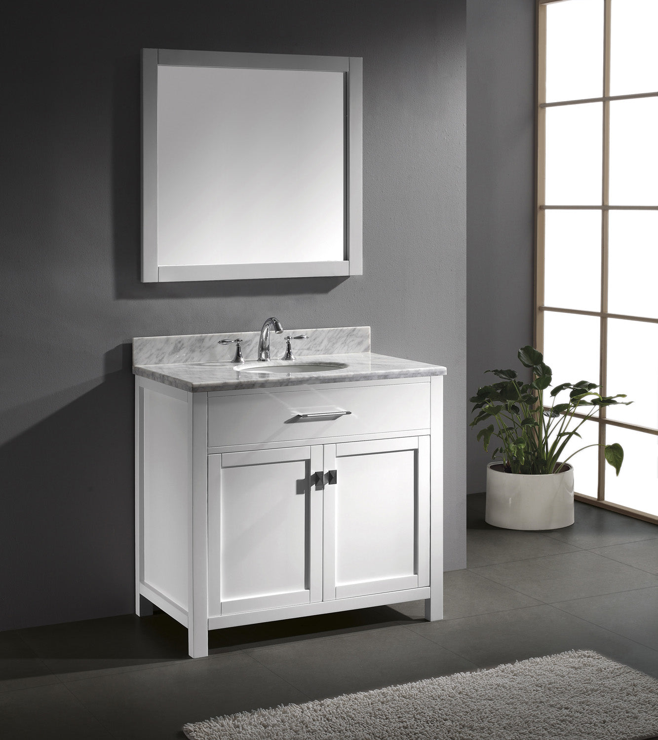 Virtu USA Caroline 36" Single Bath Vanity with White Marble Top and Round Sink with Brushed Nickel Faucet with Matching Mirror - Luxe Bathroom Vanities