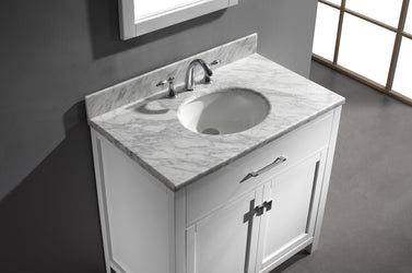 Virtu USA Caroline 36" Single Bath Vanity with White Marble Top and Round Sink with Brushed Nickel Faucet with Matching Mirror - Luxe Bathroom Vanities