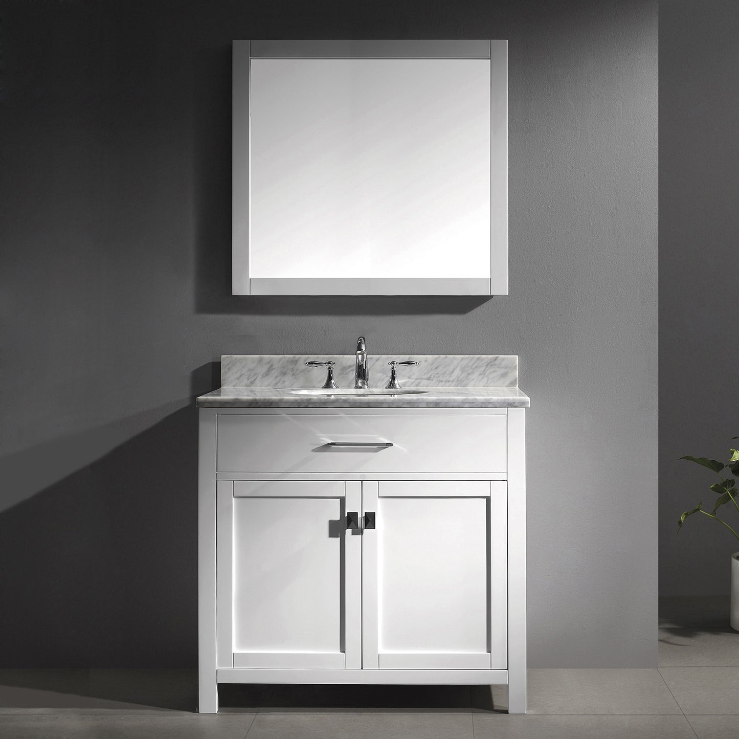 Virtu USA Caroline 36" Single Bath Vanity with Marble Top and Round Sink with Polished Chrome Faucet and Mirror - Luxe Bathroom Vanities Luxury Bathroom Fixtures Bathroom Furniture