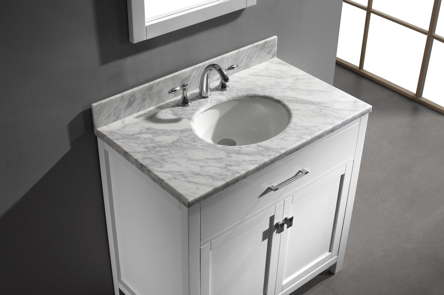 Virtu USA Caroline 36" Single Bath Vanity with Marble Top and Round Sink with Polished Chrome Faucet and Mirror - Luxe Bathroom Vanities Luxury Bathroom Fixtures Bathroom Furniture